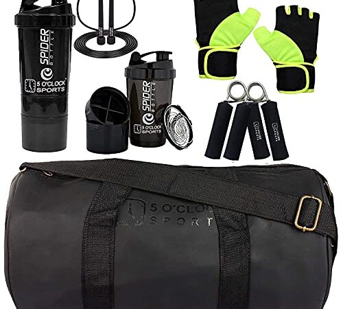 5 O'CLOCK Sports Gym Bag for Men Combo Black Gym Bag,Green Gloves, Skipping Rope, Black Spider Shaker with Hand Gripper Gym and Fitness kit