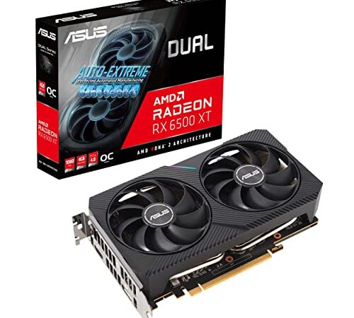 ASUS Dual Radeon™ RX 6500 XT OC Edition 4GB GDDR6 with two powerful Axial-tech fans PCIE 4.0 Dual Fans 1080p Support most AAA Game Titles 4K Editing Gaming Mining 3 Years Warranty Direct X 12 Ultimate