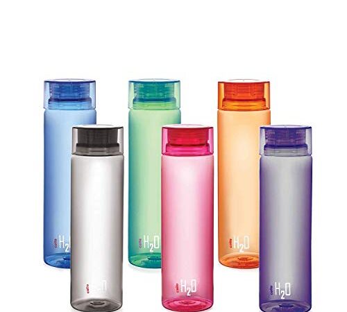 Cello H2O Unbreakable Plastic Bottle Set, 1 Litre, Set of 6, Multicolour