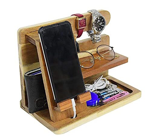 LEMISH Phone Docking Station Hooks Key Holder Wallet Stand Watch Organizer Plywood Personalized for Men Customized tech Mens Gift for Husband Father Nightstand Graduation Male Idea Gadgets