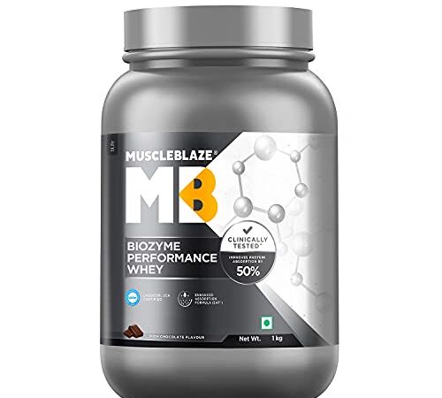 MuscleBlaze Biozyme Performance Whey Protein, (Informed Choice UK, Labdoor USA Certified) with US Patent Filed EAF® (Rich Chocolate, 1 kg / 2.2 lb)