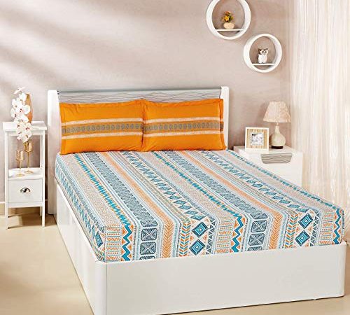 Amazon Brand - Solimo Fuzzy Strings 144 TC 100% Cotton Double Bedsheet with 2 Pillow Covers, Orange