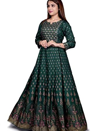 GO GULABI Rayon Printed Anarkali Flare Gown for Women| Full Length Stitched Maxi Gown (Green)