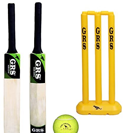 GRS Kids Zone Popular Willow Cricket Bat with Wicket Set & 1 Tennis Ball for Kids (Size 3, Age 6-10 Year Old Kids), Wood