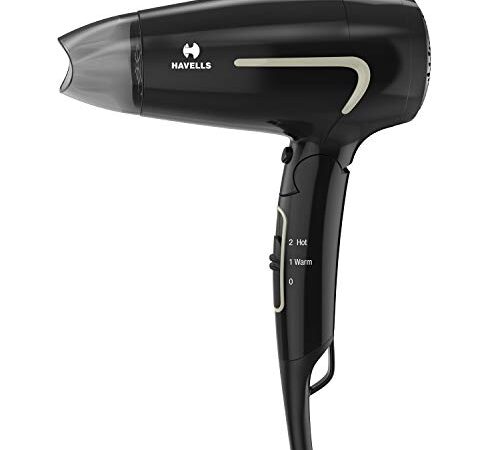 Havells HD3181 1600 Watts Unisex Foldable Hair Dryer, 2 Heat (Hot/Warm) Settings with Cool Shot Button-Black