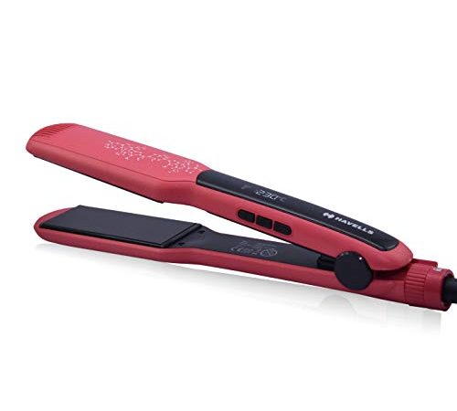 Havells HS4121 White Plate Hair Straightener with digital display and adjustable temperature; For all hair types; Worldwide voltage compatible (Red)