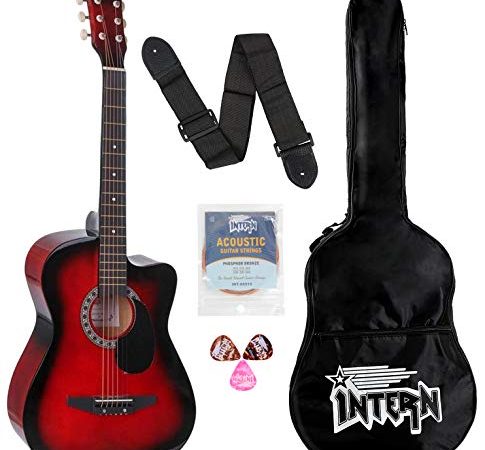 Intern INT-38C Acoustic Guitar Kit, With Bag, Strings, Pick And Strap, Red