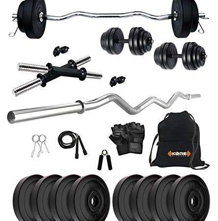 Kore PVC 16 Kg Home Gym Set With One 3 Ft Curl And One Pair Dumbbell Rods With Gym Accessories, Black