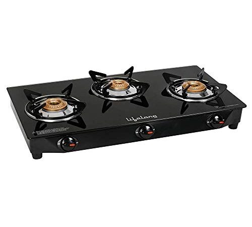 Lifelong LLGS18 Glass Top 3 Burner Gas Stove, Manual Ignition, LPG Compatible, Black (ISI Certified, Door Step Service, 1 Year Warranty)