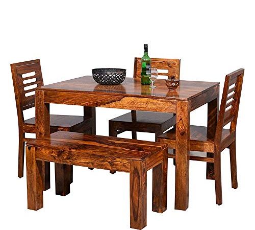 Mamta Decoration Sheesham Wood 4 Seater Dining Table with 3 Chairs and 1 Bench for Living Room