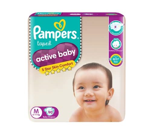 Pampers Active Baby Taped Diapers, Medium size diapers, (M) 90 count, taped style custom fit