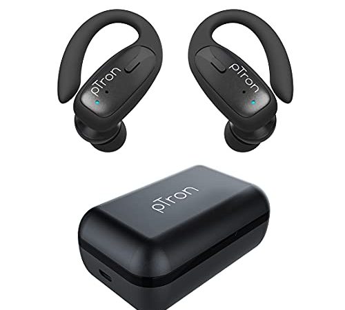 pTron Bassbuds Sports True Wireless Bluetooth 5.1 Headphones with Deep Bass, 32Hrs Total Playtime, Ergonomic Hook Design & IPX4 Water/Sweat Resistant Earphones with Built-in HD Mic (Black)