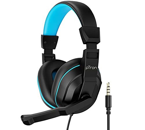 pTron Studio Lite Stereo Sound Wired Over Ear Headphones with Mic, Adjustable Mic & Integrated Volume Control, 3.5mm Aux Jack & 1.3 Meter Tangle-Free Cord (Black & Blue)