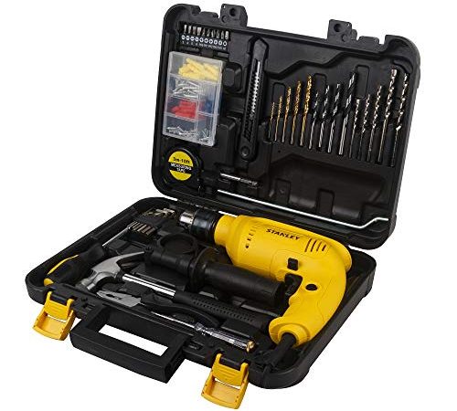 STANLEY SDH600KP-IN DIY 13 mm Hammer Drill Machine and Hand Tool Kit for Home and Professional Use (120-Pieces) - Includes Hammer Drill, Hammer, Utility Knife and Measurement Tape, 1 Year Warranty