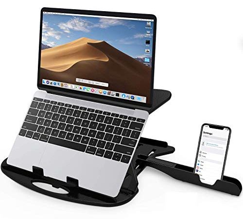 STRIFF Adjustable Laptop Stand Patented Riser Ventilated Portable Foldable Compatible with MacBook Notebook Tablet Tray Desk Table Book with Free Phone Stand(Black)