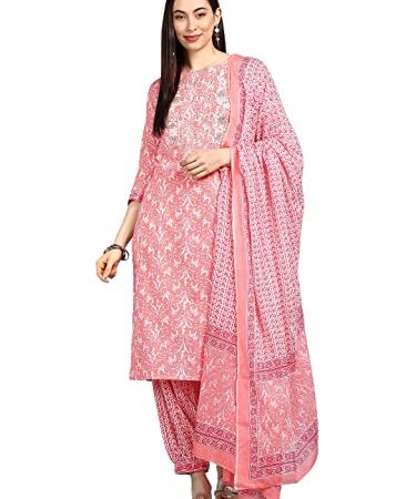 Vaamsi Women's Cotton Printed Embroidered Kurta Pant Dupatta Set (VKSKD1168_M_Peach)