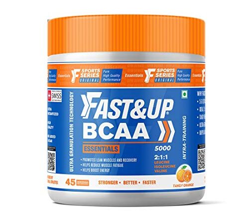 FAST&UP BCAA Basic (45 Servings, Orange Flavour) BCAA Supplement with 2:1:1 Ideal Ratio Leucine, Isoleucine & Valine - Pre/Post & Intra Workout Supplement For Recovery & Performance Boost, White