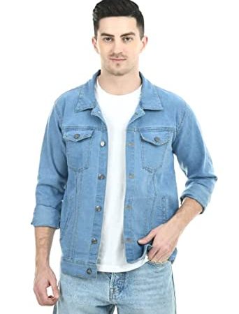 MONTREZ Full Sleeve Men Denim Jacket (Medium, Light Blue)