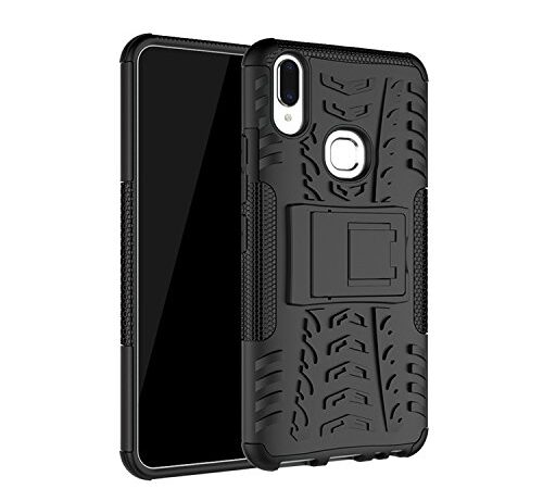 Prime Retail Shock Proof Dual Layer Hybrid Armor Back Cover Case with Kickstand Wheel Pattern for Vivo V9 Pro (Black)