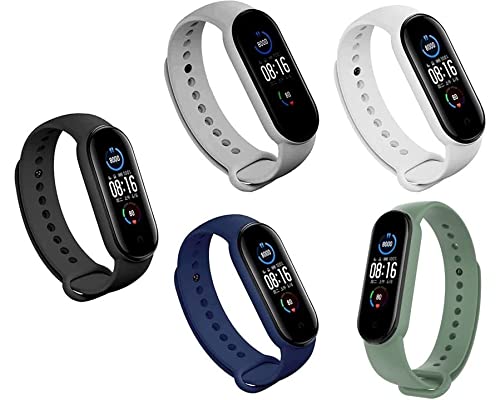 Techmount Wristband Soft Silicone Adjustable Replacement Straps-Set of 5 (XIAOMI MI Band 5 & 6, Black/Navy-Blue/Grey/White/Light-Green)