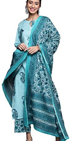 Arayna Women's Cotton Printed Straight Kurti with Palazzo Pants & Dupatta, Floral, Turquoise Blue