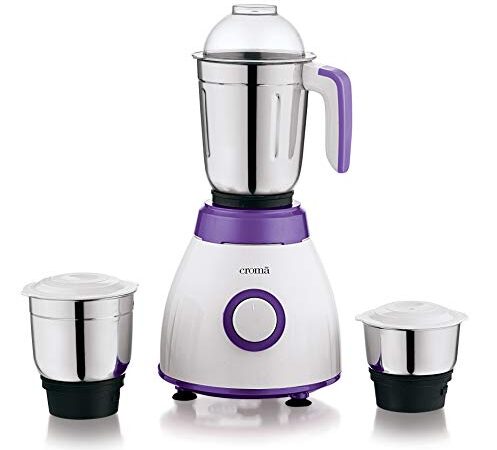 Croma 500W Mixer Grinder with 3 Stainless Steel Leak-proof Jars, 3 speed & Pulse function, 2 years warranty (CRAK4184, White & Purple)