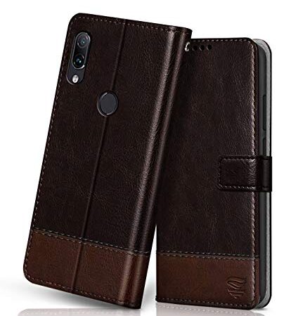 FLIPPED Vegan Leather Flip Case Back Cover for Xiaomi Mi Redmi Note 7 | 7 Pro (Flexible, Shock Proof | Hand Stitched Leather Finish | Card Pockets Wallet & Stand | Coffee with Brown)