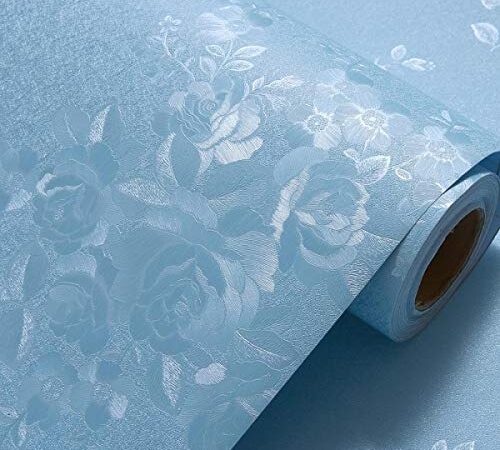 Wolpin Wall Sticker Wallpaper Flower Rose Textured (45 x 300 cm) DIY Self Adhesive Decal Bedroom, Living Room, Hallway, Oceanic Blue