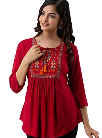 Chokhi Bandhni Women's Rayon Embroidered Regular Fit Top (CB-117-Maroon-M)