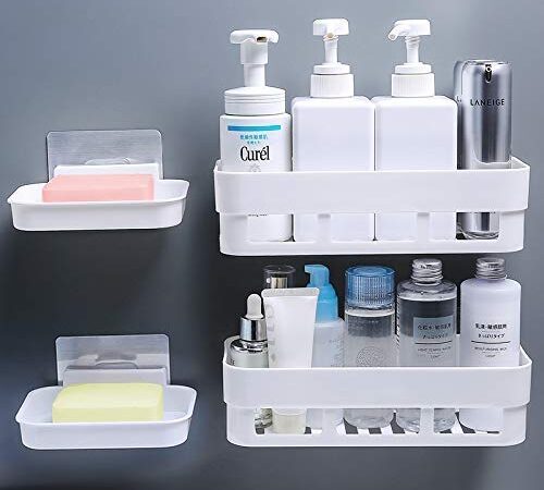 MorivaHomes Multipurpose Plastic Kitchen Bathroom Shelf Wall Holder Storage Rack Bathroom Organizer Rack Storage Box Strong Adhesive Sticker Shower Rack Shelf (2 Bathroom Shelves+ 2 Soap Box)