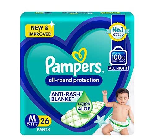 Pampers All round Protection Pants, Medium size baby Diapers, (M) 26 Count Lotion with Aloe Vera