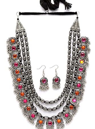 Shining Diva Fashion Latest Stylish Fancy Oxidised Silver Tribal Necklace Jewellery Set for Women (12164s), Multicolour, One