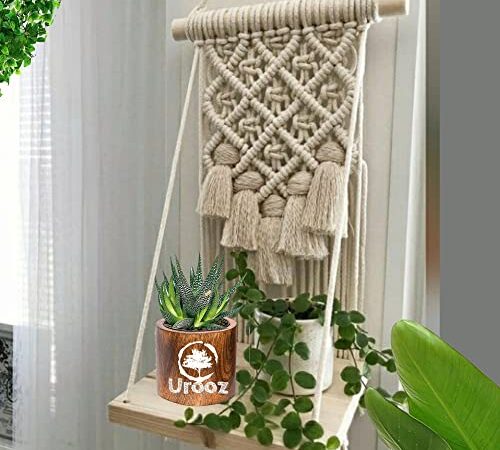 Urooz Macramé Wooden Wall Hanging Shelf |988| Modern Chic Woven Macrame Tapestries, Wall Art Home Decor for Apartment, Dorm, Bedroom, Living Room, Nursery, Party Decorations, 10" x 15"