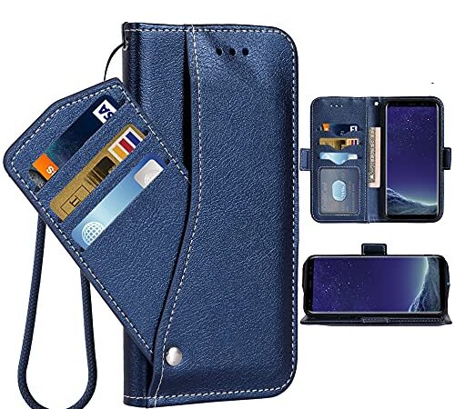 Asuwish Compatible with OnePlus 7 6T Wallet Case Wrist Strap Lanyard Leather Flip Cover Card Holder Cell Phone Cases for OnePlus6T A6013 OnePlus7 GM1900 One Plus6T 1+ Plus7 1 Plus 1plus T6 Blue