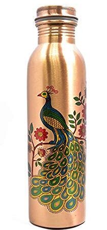 AYURVEDACOPPER Peacock Printed Lacquer Coated Pure Copper Water Bottle (1 Liter)