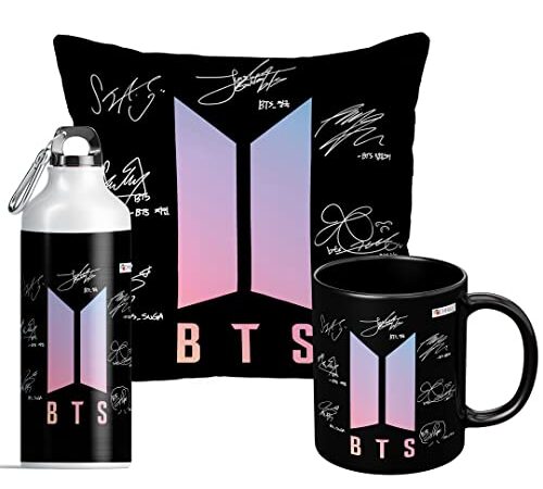 Chhaap I Purple You Cushion 12x12 with Filler Bts Sipper 600ml Water Bottle Bts Ceramic Black Mug Signature Mug Army Bts Combo Music Band V Suga J-Hope Jungkook Jin Jimin Rm Gift, Pack of 3 (BTSM-02)