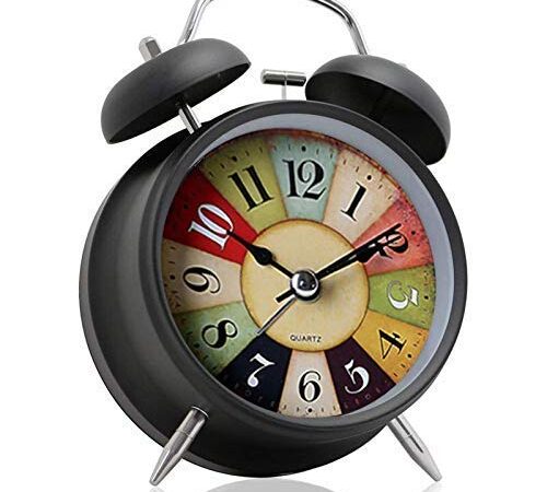 OVEERA Vintage Look Twin Bell Table SLINGVY Alarm Clock with Night LED Light for Student for Kids Bedroom , Wall Clock (Black)