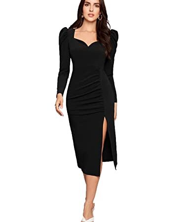 Sheetal Associates Women's Puff Sleeve Sweetheart Neck Bodycon Casual Midi Dress Black