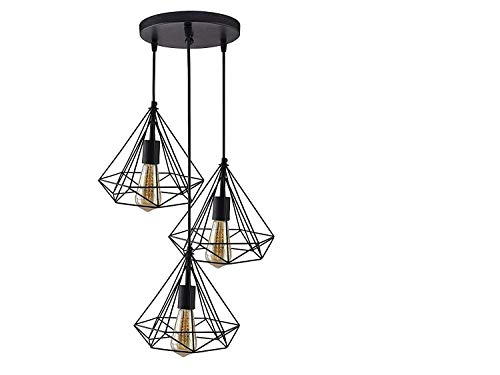 Groeien 3 Lights Cluster Chandelier Diamond Hanging Pendant Light With Braided Cord, Black, Round , Metal