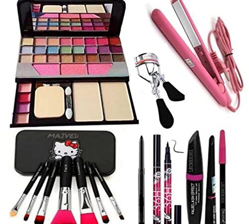 MAIVED Women's & Girl's TYA 6155 Multicolor Makeup Kit and 7 Black Makeup Brushes,1 36H Eyeliner, 3in1 Eyeliner,Mascara,Eyebrow Pencil, Kajal,1 EyeLashes Curler with 1 Hair Straightener - (Pack of 15)