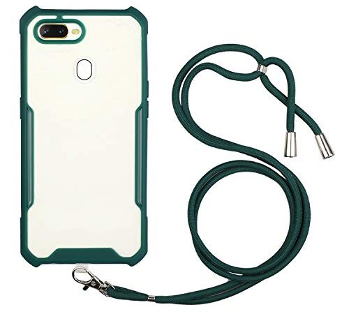 Mobile Phone Protective case for for Oppo F9 / F9 Pro A7x / Realme 2 Pro Acrylic + Color TPU Shockproof Case with Neck Lanyard Phone Cover Shell, Dark Green