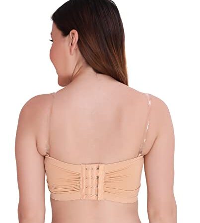 PLUMBURY Women's Spandex, Nylon Lightly Padded Wire Free Bandeau Bra (Strapless Padded Tube Bra_Beige_M)