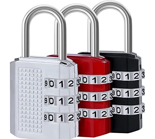 ABOUT SPACE Number Lock (3 Pack)- 3-Digit Number Combination Anti-Theft Zinc Alloy Lock-Resettable PIN Number Padlock for Door,Luggage, Suitcase-Polished Finishing (6 x 2.3cm) (Grey, Black, Red)