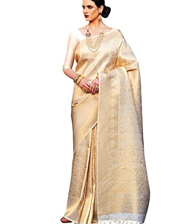 AKHILAM Women's Kanjivaram banarasi silk Woven Design Saree With Unstitched Blouse Piece (Cream_KMBH123005)