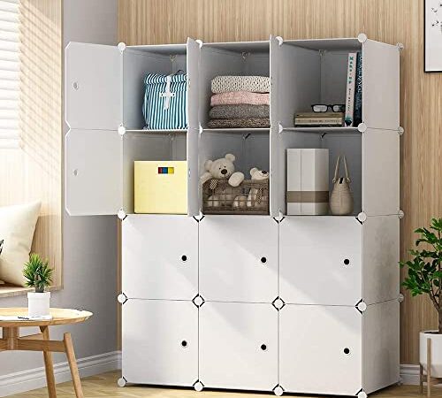 BucketList® Portable Closet Wardrobe Cube Wardrobe for Hanging Clothes, Modular Cabinet for Space Saving, Ideal Storage Organizer Cube for Books, Toys, Towels (12 Box White Plain)