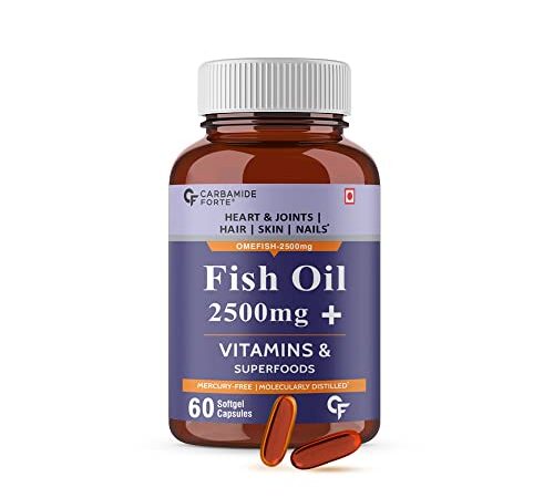 Carbamide Forte Fish Oil 2500mg (Omega 3 1500mg; 900 mg EPA and 600mg DHA Per Serving) Capsule For Men & Women with Biotin, Vitamin D, Vitamin K2-MK7-60 Capsules