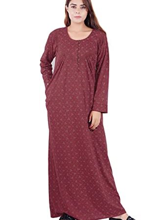 JASORA Women's Printed Hosiery Cotton Full Sleeve Nighty/Nightgown/Maxi (Maroon, Size - X-Large)