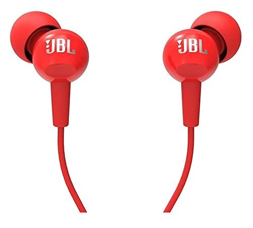 JBL C100SI Wired In Ear Headphones with Mic, JBL Pure Bass Sound, One Button Multi-function Remote, Premium Metallic Finish, Angled Buds for Comfort fit (Red)