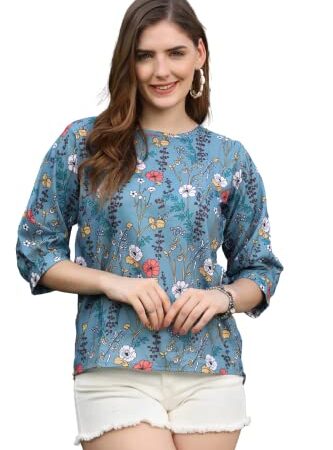 Leriya Fashion Women's Cotton Polyester Blended Regular Fit Solid Top | Casual 1/3 Sleeve Tops for Girls (Medium, Blue)