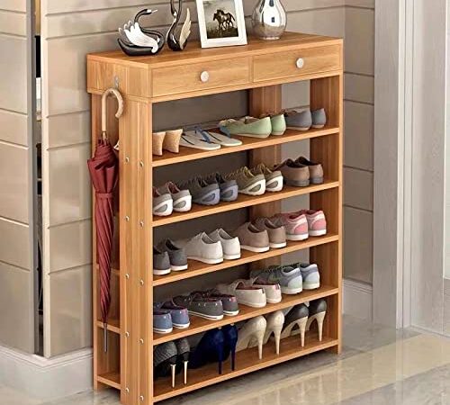 Lukzer 5 Layer Engineered Wood Shoe Rack with Two Drawer Storage Organizer Shelf Free Standing Stand Plants Display Rack Entryway Cabinets (Brown Oak /SR-001/92 x 21 x 70 cm) DIY (Do It Yourself)